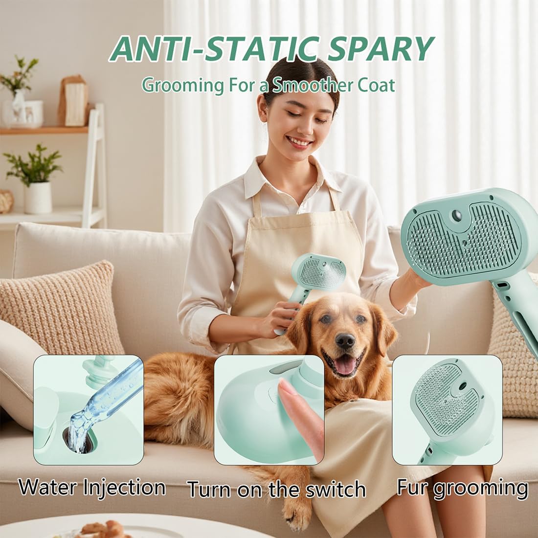 3 in 1 Pet Grooming Brush with Steam and Spray - Hair Removal Comb for Dogs and Cats with Water Tank and Mist Release Stainless Steel Teeth and Ergonomic Handle for Shedding and Grooming(White)