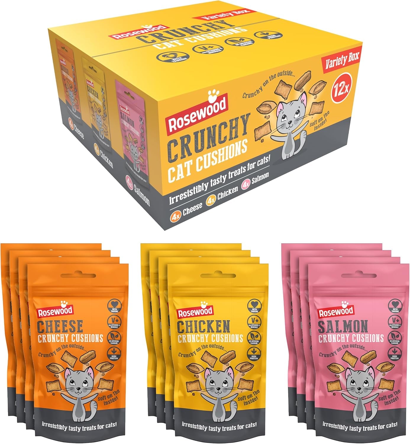 Rosewood Daily Eats Crunchy Cushions Variety Box - Chicken, Cheese, and Salmon Treats for Cats, Tasty Cat Treats with Taurine, Added Vitamins and Minerals, Small Bite Sized Cat Snacks (12Pc, 720G Box)