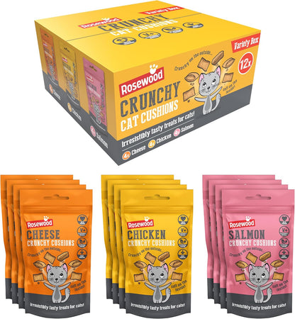 Rosewood Daily Eats Crunchy Cushions Variety Box - Chicken, Cheese, and Salmon Treats for Cats, Tasty Cat Treats with Taurine, Added Vitamins and Minerals, Small Bite Sized Cat Snacks (12Pc, 720G Box)