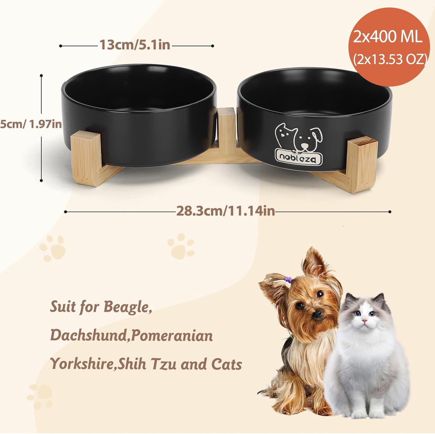 Ceramic Cat Bowls Set with Bamboo Stand, Stackable Double Ceramic Cat Food Water Bowl, 2X400Ml/13.5Oz Non-Slip Pet Feeding Bowls for Cats Kittens and Puppies, 13X13X5Cm Black