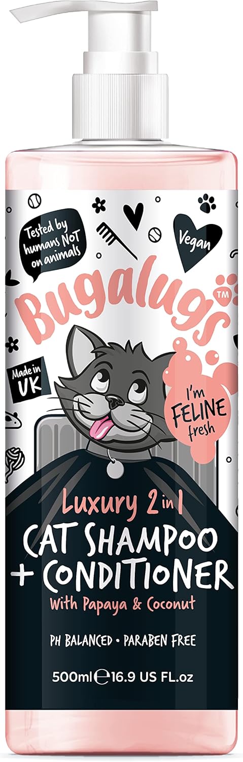 Bugalugs 2 in 1 Cat Shampoo & Conditioner. Cleansing, Nourishing and Conditioning for All Cat Hair. Papaya & Coconut Calming Scent. for All Cats and Kittens. Cat & Kitten Grooming (500Ml Shampoo)