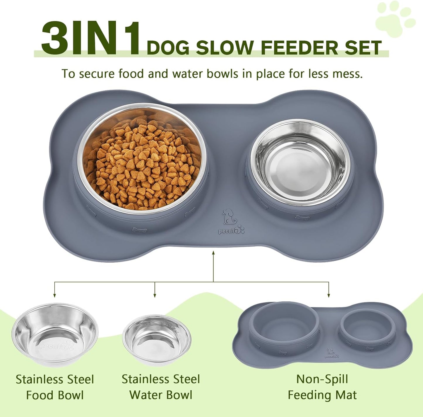 Dog Bowls Non-Slip, Stainless Steel Double Bowls Set with Non-Spill Silicone Mats Tray for Cats Puppies Water Food Feeding