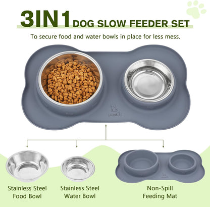 Dog Bowls Non-Slip, Stainless Steel Double Bowls Set with Non-Spill Silicone Mats Tray for Cats Puppies Water Food Feeding