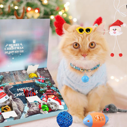 Cat Advent Calendar 2025 Christmas Interactive Toys for Indoor Christmas Gifts Collars Bow Tie Feather Toys Fish Fake Mouse Bell Balls for Cat Lover Gifts