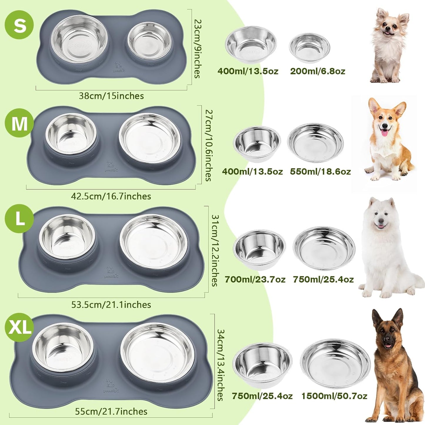 Dog Bowls Non-Slip, Stainless Steel Double Bowls Set with Non-Spill Silicone Mats Tray for Cats Puppies Water Food Feeding