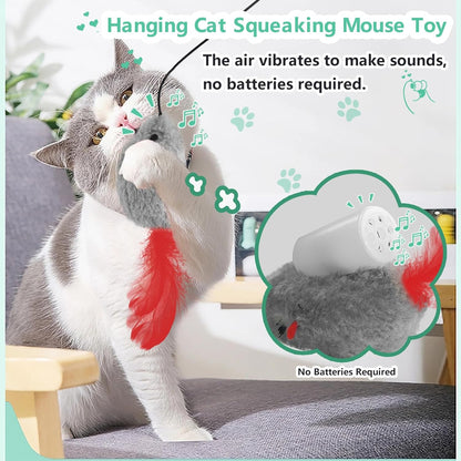 Cat Toys for Indoor Cats Adult Kitten, 2 Pack Door Hanging Interactive Mice Toys with Squeaky Sound and Feather Tail, No Batteries Required, Kitten Toys, Cat Enrichment Boredom Mouse Toy