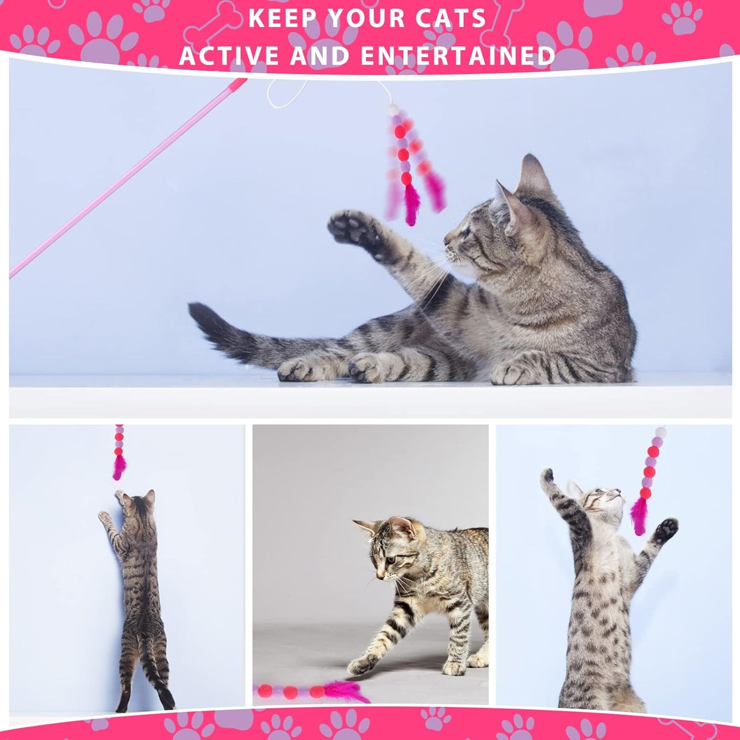 Cat Feather Toys - Soft Wand with Bell Pompom, Interactive Cat Teaser for Indoor Kittens