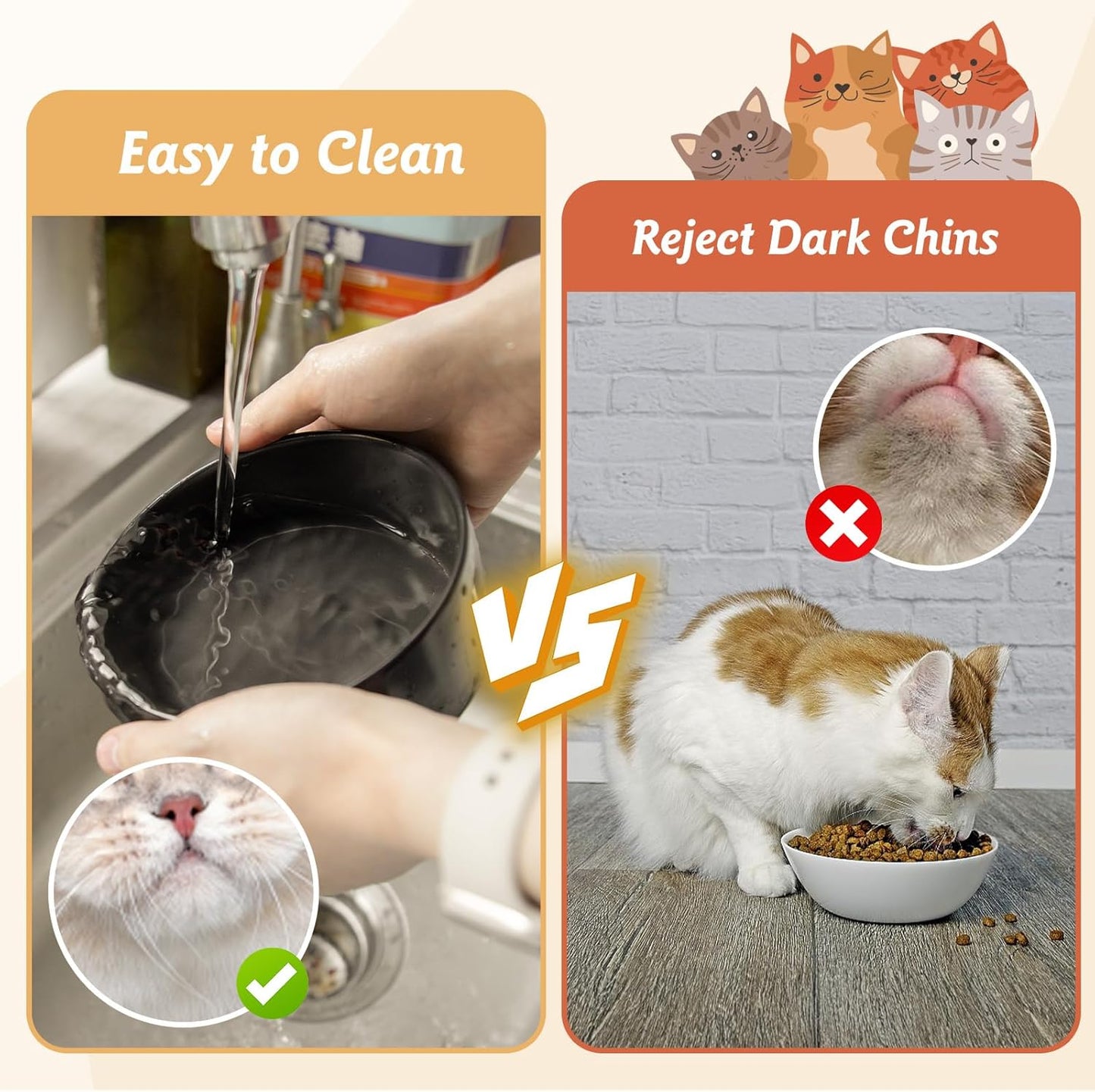 Ceramic Cat Bowls Set with Bamboo Stand, Stackable Double Ceramic Cat Food Water Bowl, 2X400Ml/13.5Oz Non-Slip Pet Feeding Bowls for Cats Kittens and Puppies, 13X13X5Cm Black
