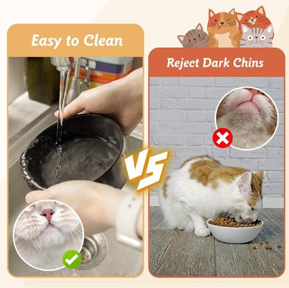 Ceramic Cat Bowls Set with Bamboo Stand, Stackable Double Ceramic Cat Food Water Bowl, 2X400Ml/13.5Oz Non-Slip Pet Feeding Bowls for Cats Kittens and Puppies, 13X13X5Cm Black