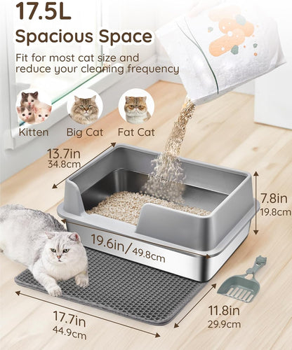 High Sided Stainless Steel Litter Box - Metal Cat Litter Tray with Splash-Proof Lid, Easy Cleaning & Odor-Less Kitten Litter Tray with Double Layer Litter Mat, Litter Scoop, Brush, 50X35X20Cm