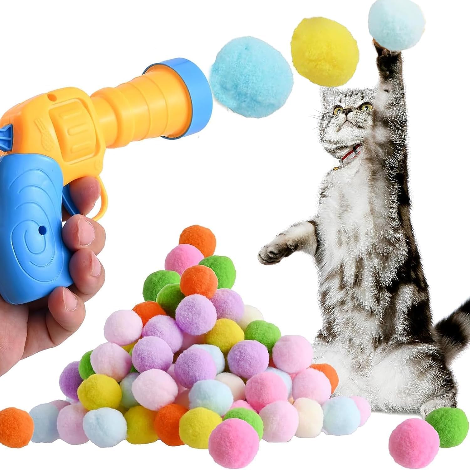 Interactive Cat Pom Pom Balls with Launcher - 50Pcs Cat Exercise Training Chasing Toys for Indoor Pets