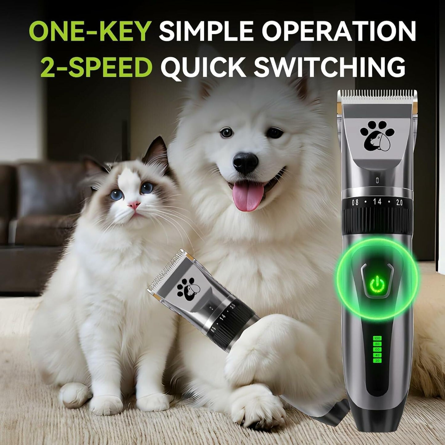 Dog Clippers Cordless, Professional Pet Clippers, 2-Speed Low Noise Dog Grooming Kit, Pet Trimmer for Small Large Thick Hair Dogs Cats