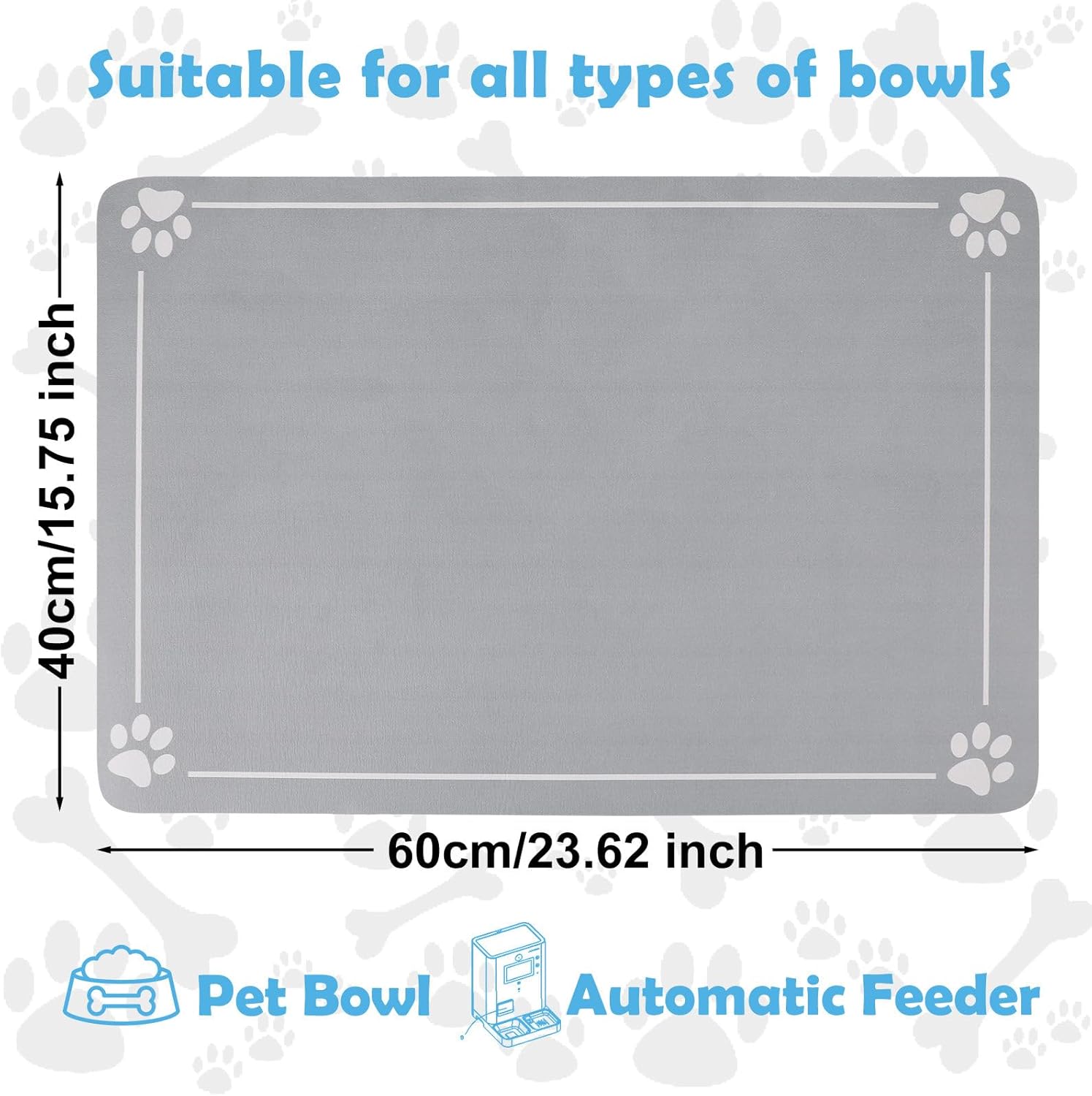 Dog & Cat Bowl Mat Silicone Waterproof Pet Feeding Mat Cat Food Mat Non-Slip Large Placemat for Dogs and Cats Protects Floors from Spills Durable Easy to Clean 40×60Cm Grey