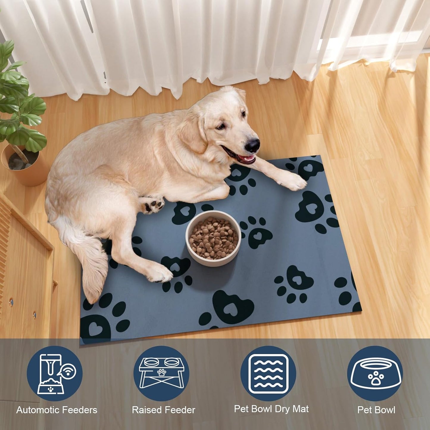 Dog Feeding Mat 30X50Cm, Absorbent Mat for Dog Water Bowl, Rubber Pet Food Mat, Pet Food Mats for Floor Waterproof, Pet Placemats for Food and Water, Cat Feeding Mat, Blue