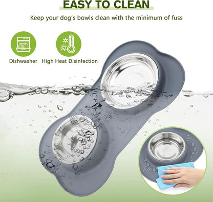 Dog Bowls Non-Slip, Stainless Steel Double Bowls Set with Non-Spill Silicone Mats Tray for Cats Puppies Water Food Feeding