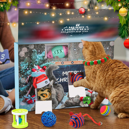 Cat Advent Calendar 2025 Christmas Interactive Toys for Indoor Christmas Gifts Collars Bow Tie Feather Toys Fish Fake Mouse Bell Balls for Cat Lover Gifts