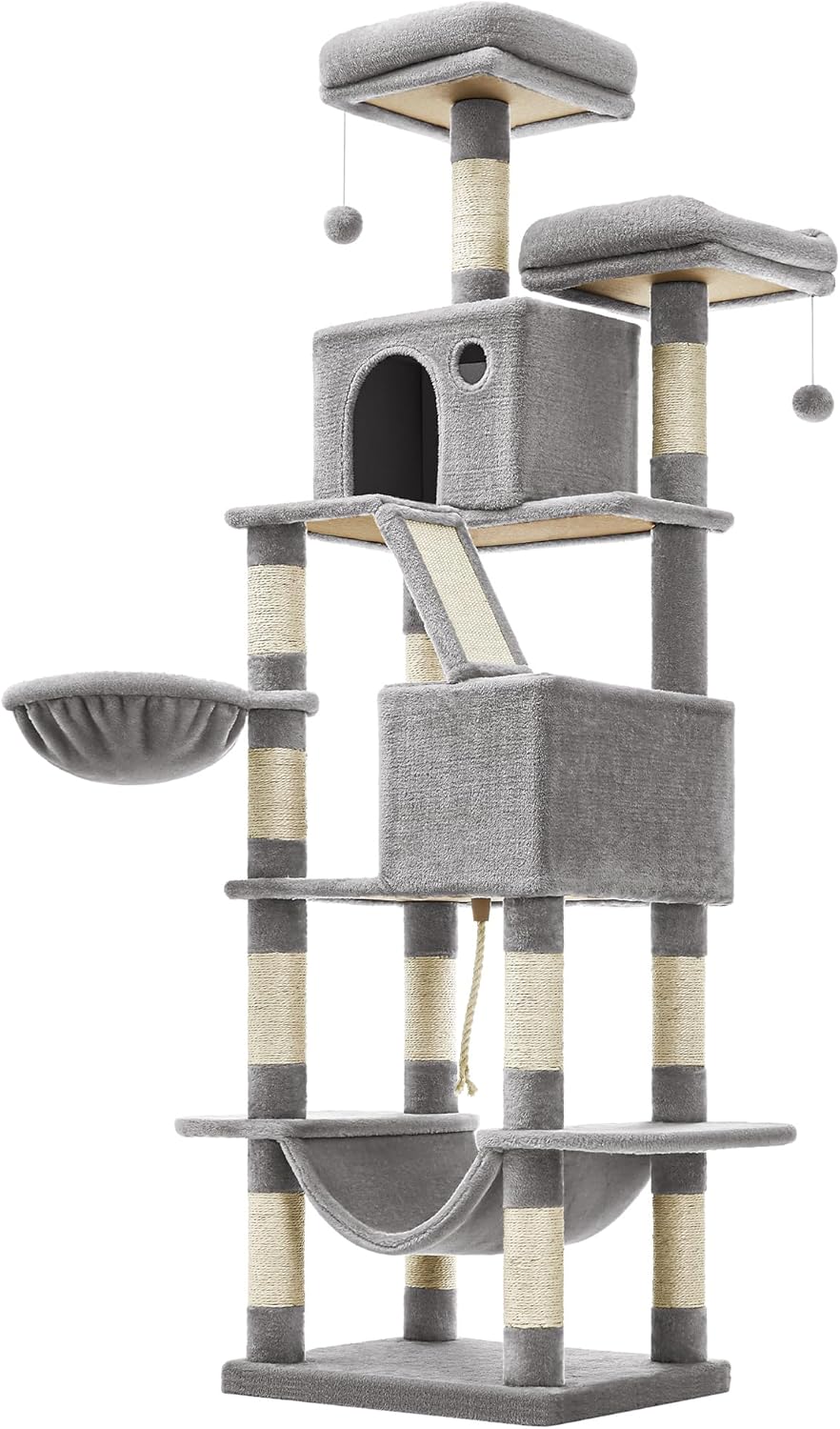 Cat Tree, 206 Cm Large Cat Tower Condo with 13 Scratching Posts, 1 Scratching Ramp, 2 Perches, 2 Caves, Basket, Hammock, Pompoms, Light Grey PCT190W01V1