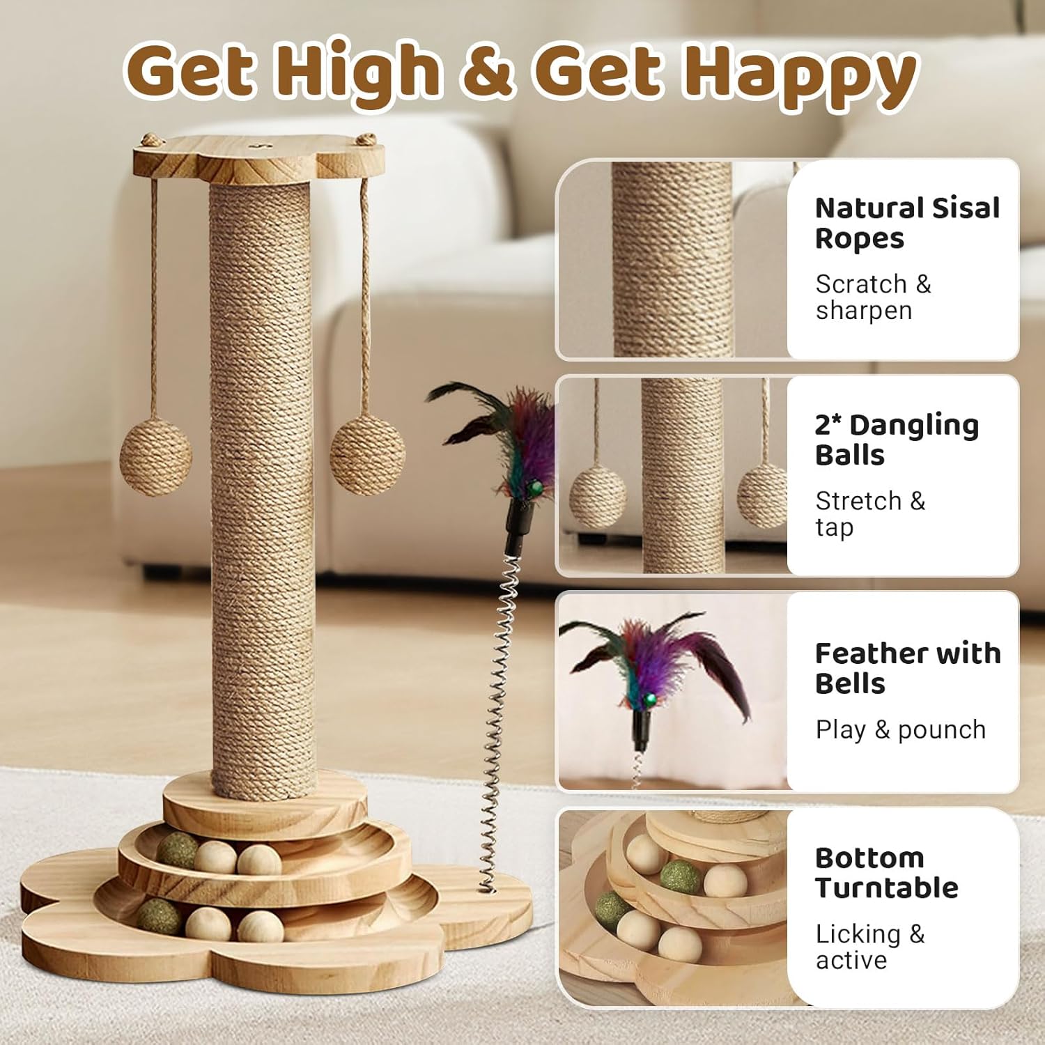 Cat Scratching Post with Natural Sisal - Sturdy Cat Scratcher for Indoor Smaller Cats, Kitten Toy with Scratching Posts, Play Platform & Toys, Easy Assembly, Space-Saving Design (45Cm Tall)