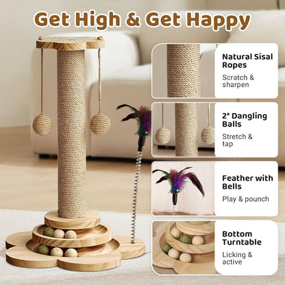 Cat Scratching Post with Natural Sisal - Sturdy Cat Scratcher for Indoor Smaller Cats, Kitten Toy with Scratching Posts, Play Platform & Toys, Easy Assembly, Space-Saving Design (45Cm Tall)
