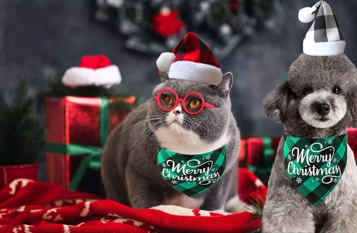 Dog Christmas Bandana, Pet Kerchief Scarf Triangle Bibs Washable for Holiday Festival Theme Party - Cat and Dog (Red)