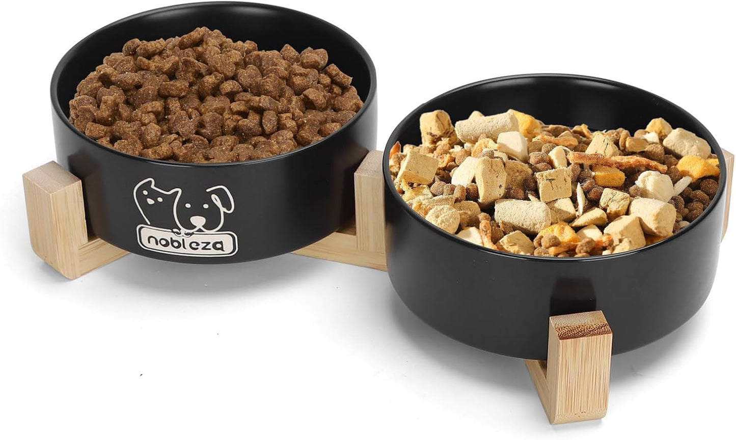Ceramic Cat Bowls Set with Bamboo Stand, Stackable Double Ceramic Cat Food Water Bowl, 2X400Ml/13.5Oz Non-Slip Pet Feeding Bowls for Cats Kittens and Puppies, 13X13X5Cm Black