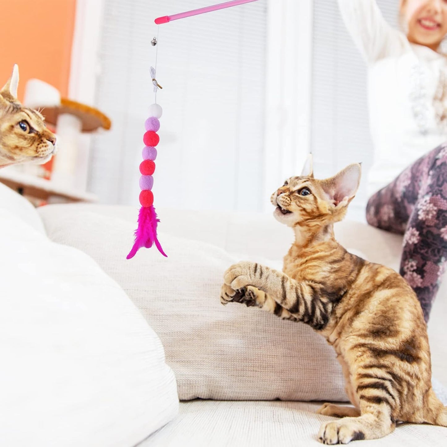 Cat Feather Toys - Soft Wand with Bell Pompom, Interactive Cat Teaser for Indoor Kittens