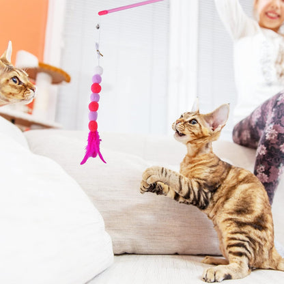 Cat Feather Toys - Soft Wand with Bell Pompom, Interactive Cat Teaser for Indoor Kittens