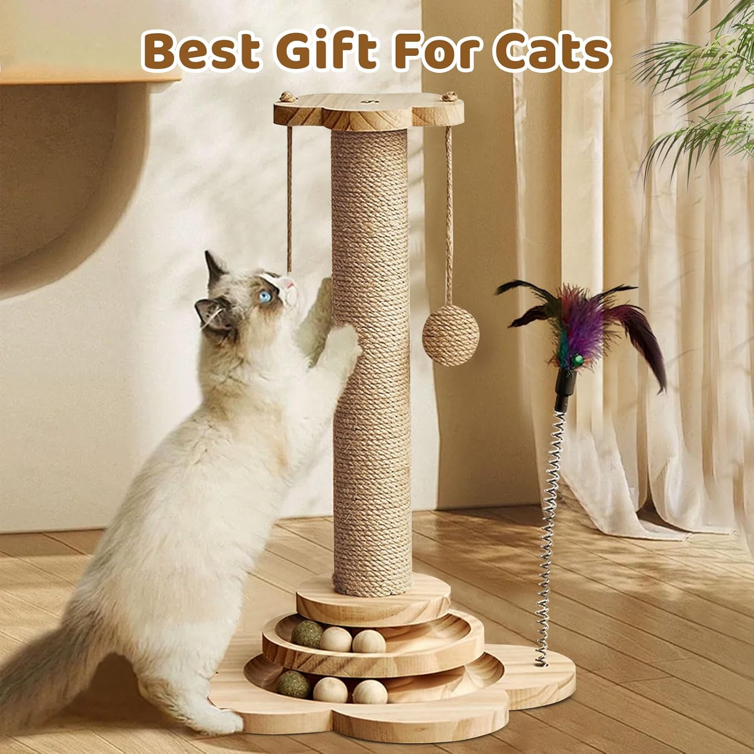 Cat Scratching Post with Natural Sisal - Sturdy Cat Scratcher for Indoor Smaller Cats, Kitten Toy with Scratching Posts, Play Platform & Toys, Easy Assembly, Space-Saving Design (45Cm Tall)