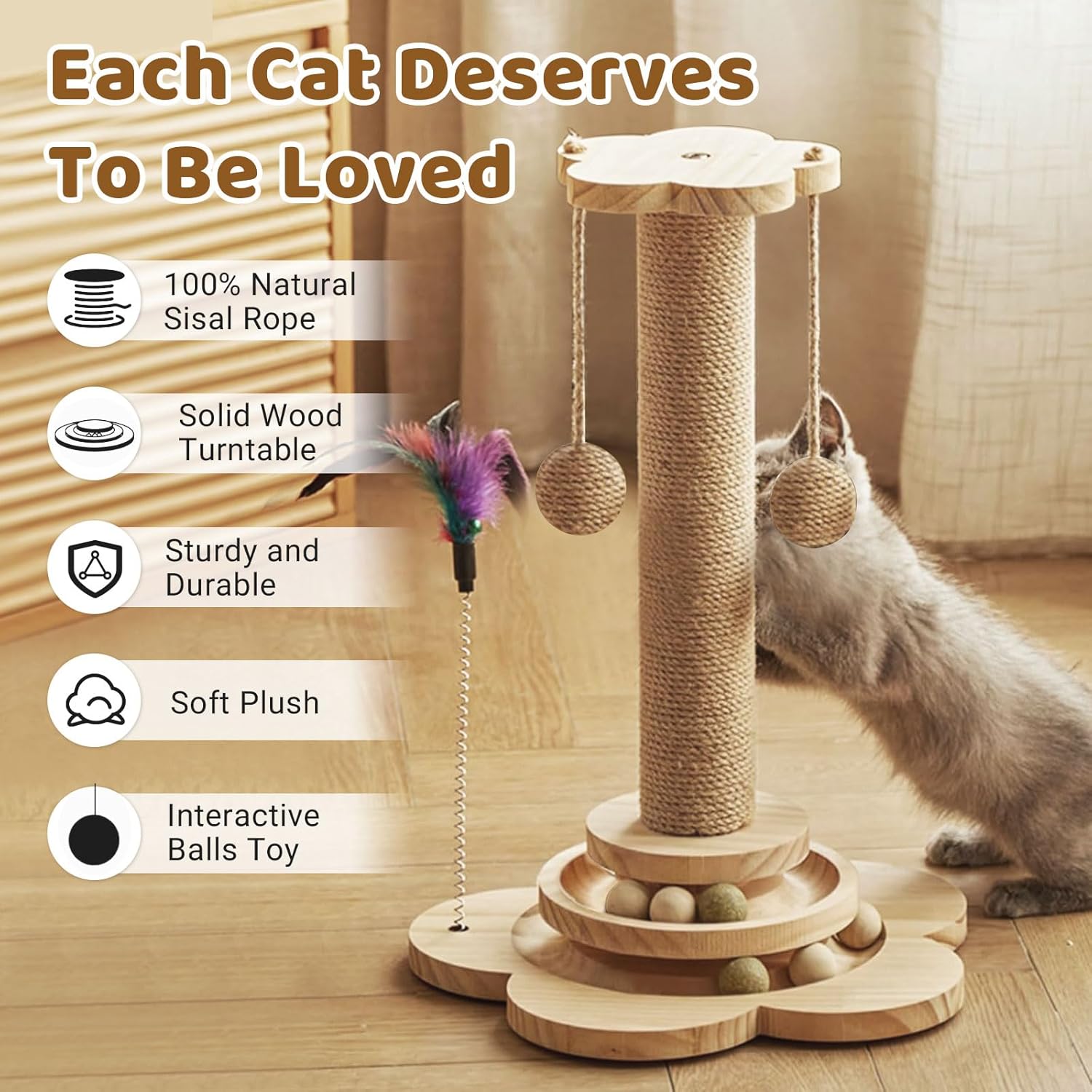 Cat Scratching Post with Natural Sisal - Sturdy Cat Scratcher for Indoor Smaller Cats, Kitten Toy with Scratching Posts, Play Platform & Toys, Easy Assembly, Space-Saving Design (45Cm Tall)