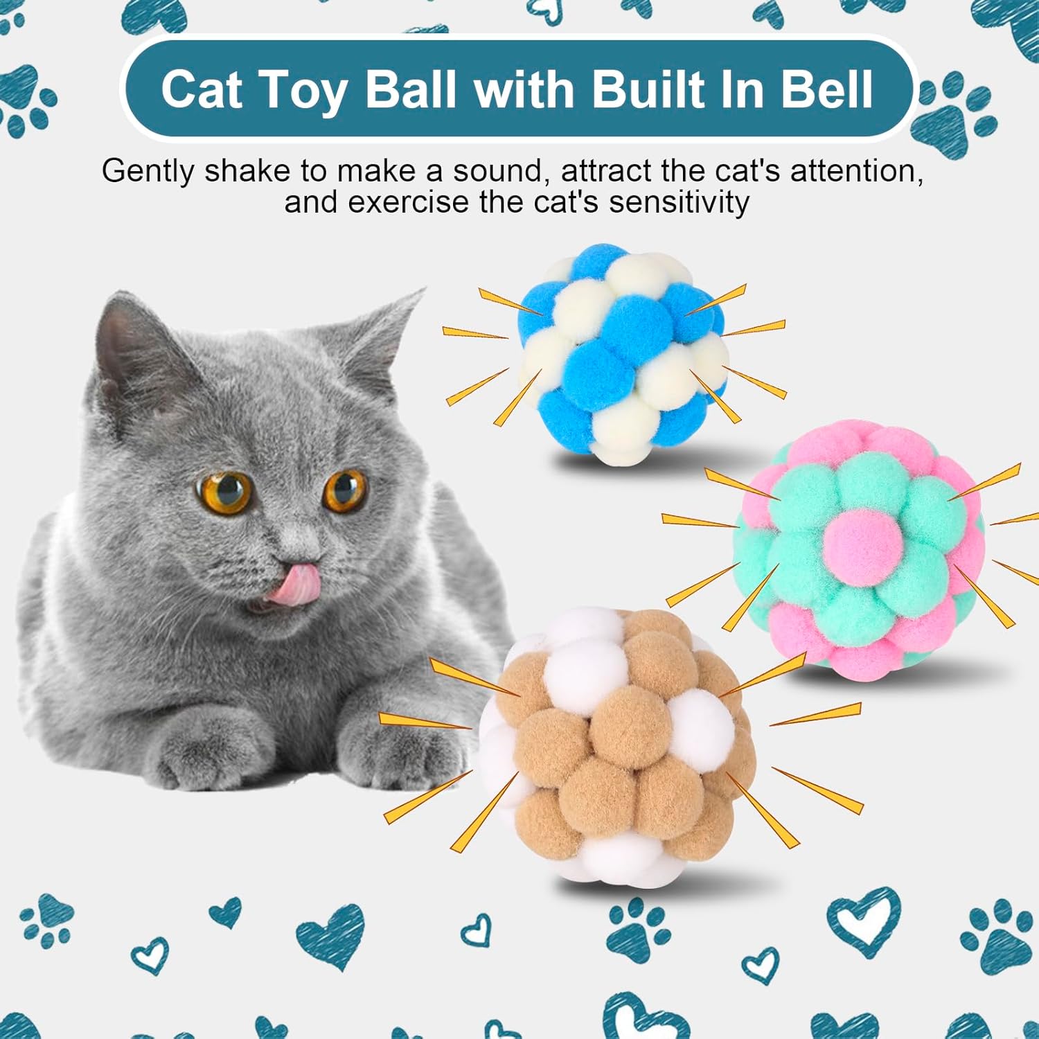Cat Toys Balls 6 Pieces Colorful Cat Balls with Bells 5Cm Soft Cat Pom Poms Balls Cats Interactive Ball Toy for Cats Kitten Indoor Outdoor Playing Chewing Scratching