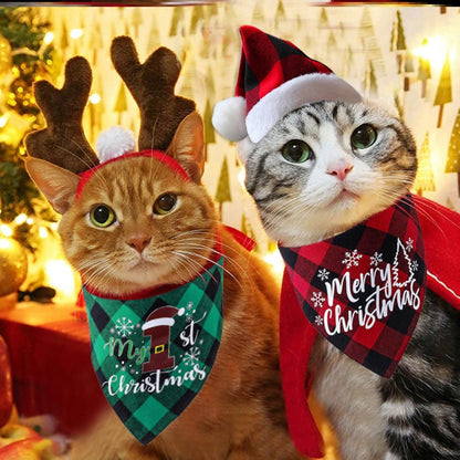Dog Christmas Bandana, Pet Kerchief Scarf Triangle Bibs Washable for Holiday Festival Theme Party - Cat and Dog (Red)