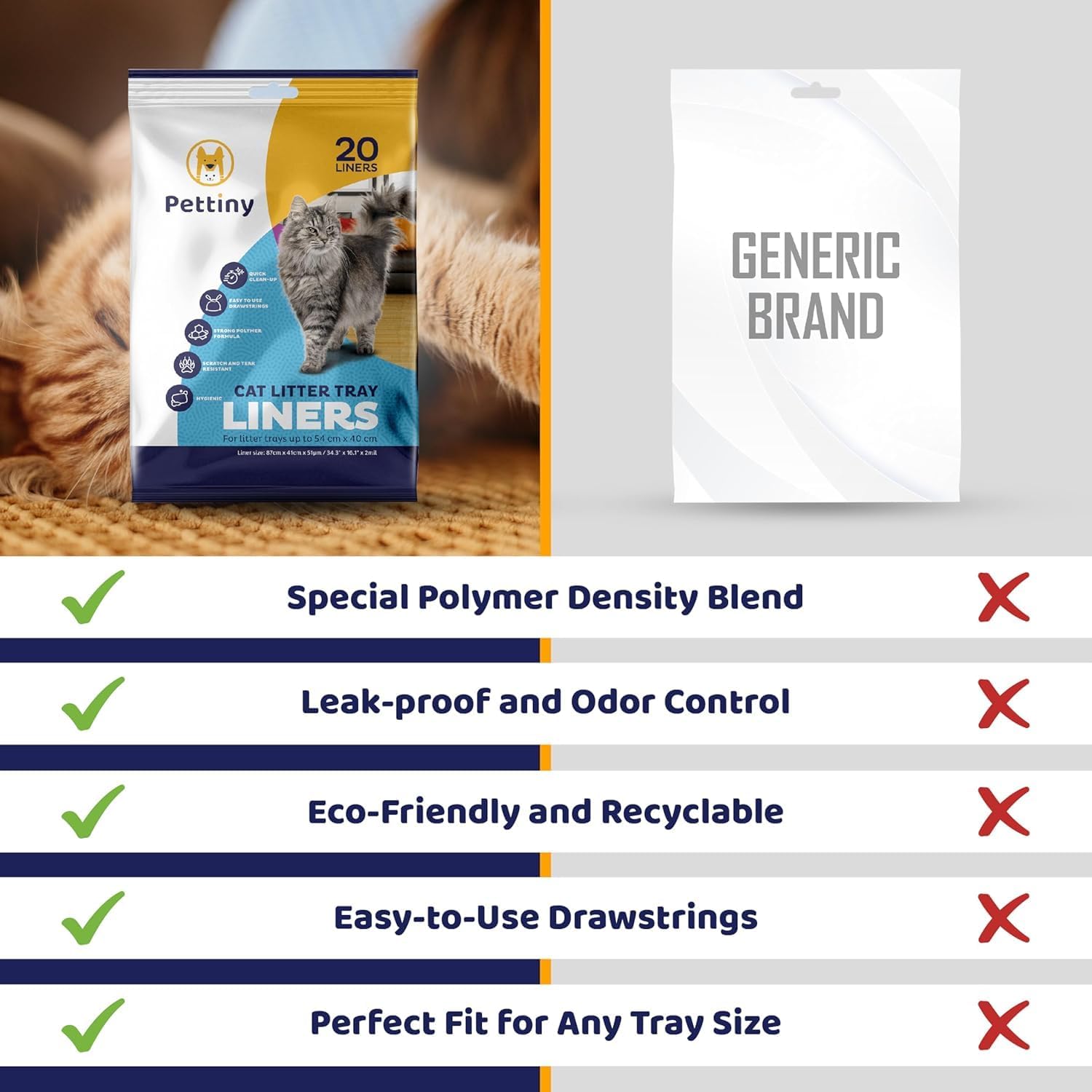 Pettiny 20 Cat Litter Tray Liners with Drawstrings Scratch Resistant Bags for Medium and Large Litter Box