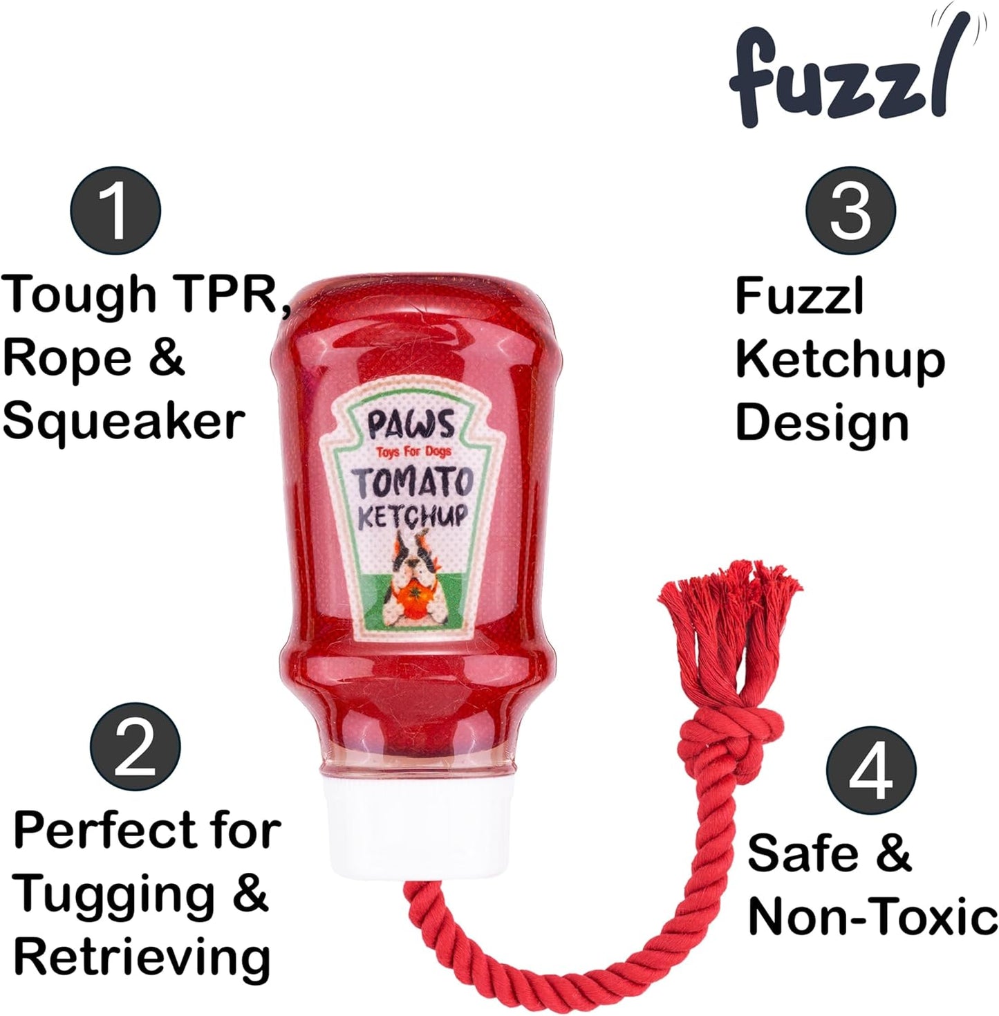 TPR Ketchup Bottle Rubber Dog Toy with Rope – Durable Chew & Tug Toy for Small, Medium & Large Dogs – Tough – Interactive Fetch, Tug-Of-War & Dental Health Play