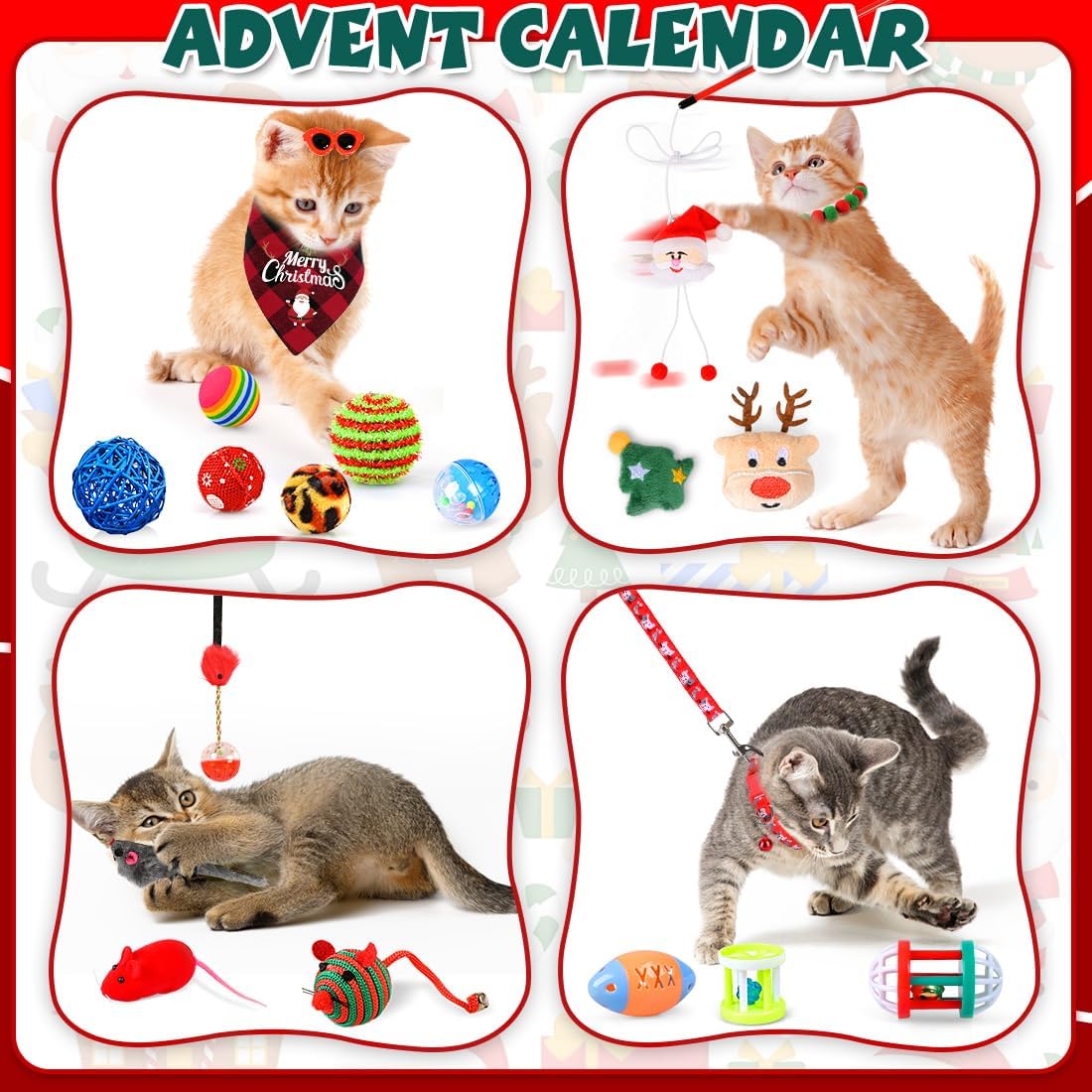 Cat Advent Calendar 2025 Christmas Interactive Toys for Indoor Christmas Gifts Collars Bow Tie Feather Toys Fish Fake Mouse Bell Balls for Cat Lover Gifts