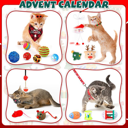 Cat Advent Calendar 2025 Christmas Interactive Toys for Indoor Christmas Gifts Collars Bow Tie Feather Toys Fish Fake Mouse Bell Balls for Cat Lover Gifts