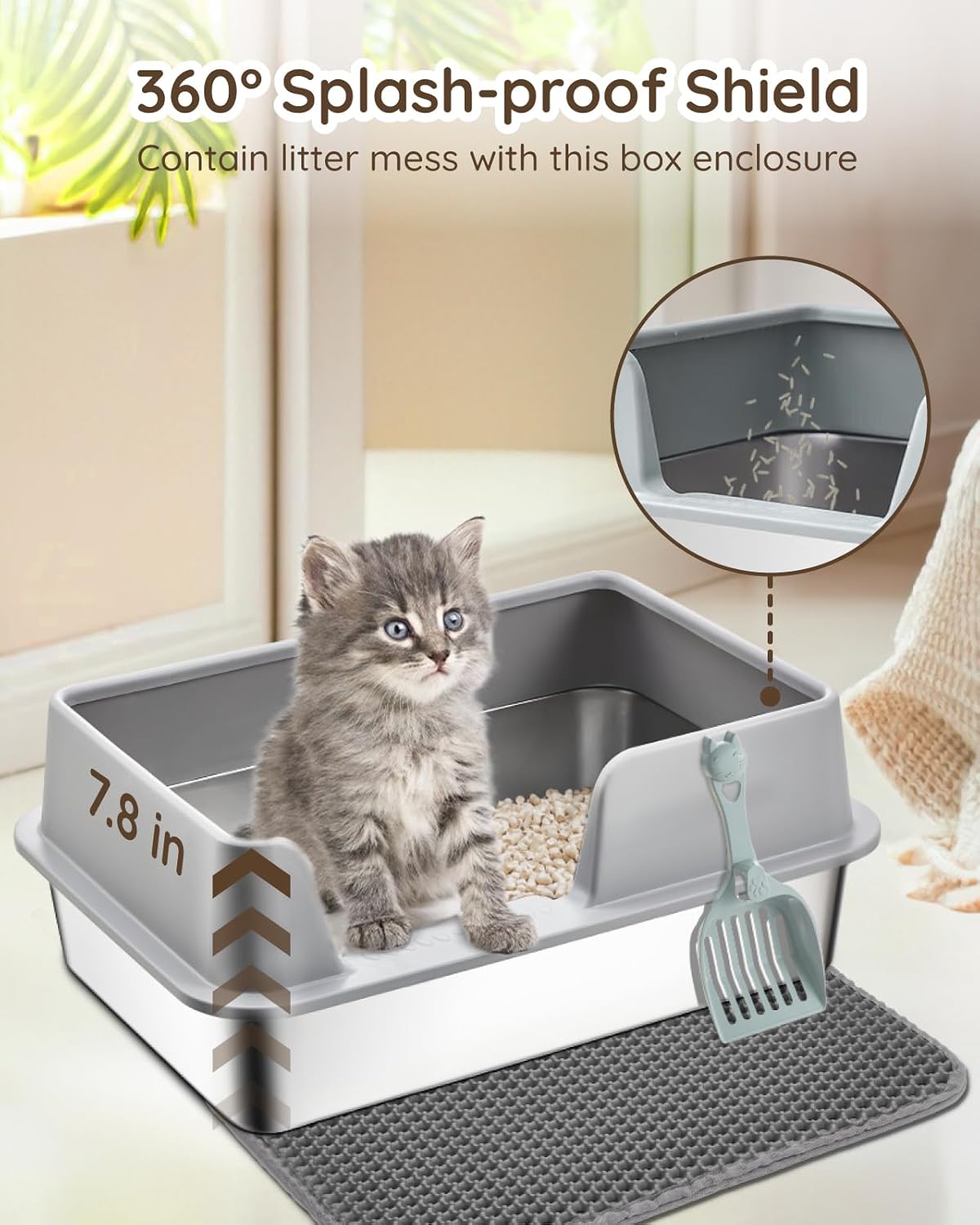 High Sided Stainless Steel Litter Box - Metal Cat Litter Tray with Splash-Proof Lid, Easy Cleaning & Odor-Less Kitten Litter Tray with Double Layer Litter Mat, Litter Scoop, Brush, 50X35X20Cm