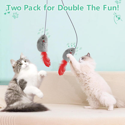 Cat Toys for Indoor Cats Adult Kitten, 2 Pack Door Hanging Interactive Mice Toys with Squeaky Sound and Feather Tail, No Batteries Required, Kitten Toys, Cat Enrichment Boredom Mouse Toy
