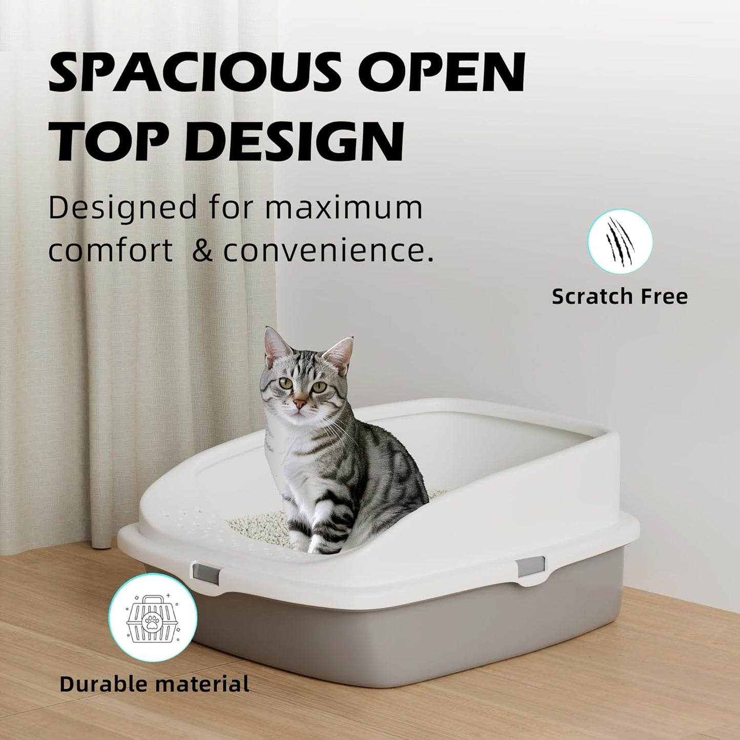 Cat Litter Tray Box, Litter Box, Plastic Cat Open Top Litter Tray with Free Scoop Kitten Detachable Rim Easy Cleaning,49 X 38 X 23Cm (Grey)