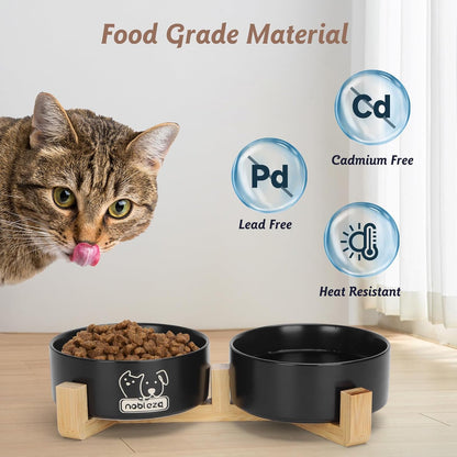 Ceramic Cat Bowls Set with Bamboo Stand, Stackable Double Ceramic Cat Food Water Bowl, 2X400Ml/13.5Oz Non-Slip Pet Feeding Bowls for Cats Kittens and Puppies, 13X13X5Cm Black