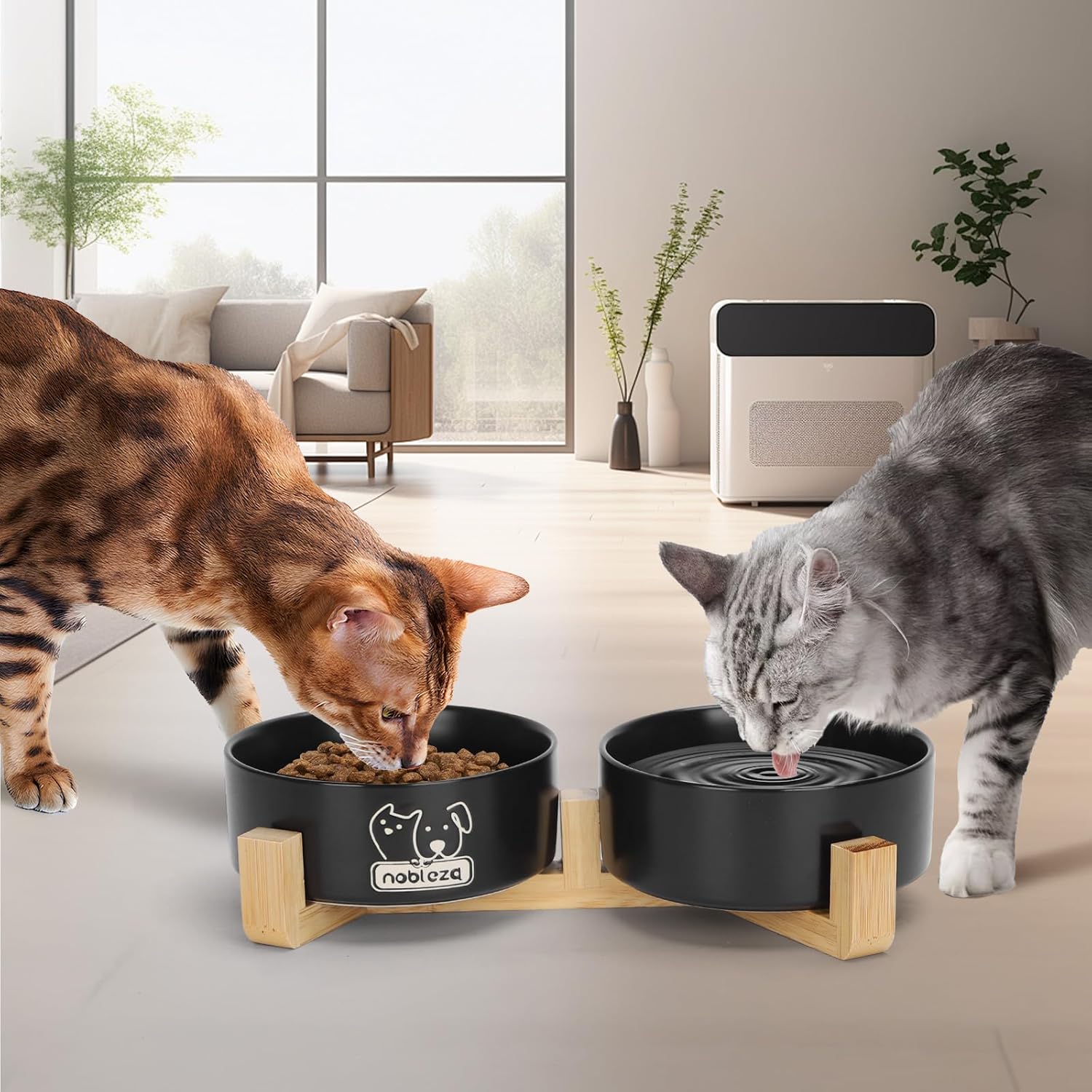 Ceramic Cat Bowls Set with Bamboo Stand, Stackable Double Ceramic Cat Food Water Bowl, 2X400Ml/13.5Oz Non-Slip Pet Feeding Bowls for Cats Kittens and Puppies, 13X13X5Cm Black