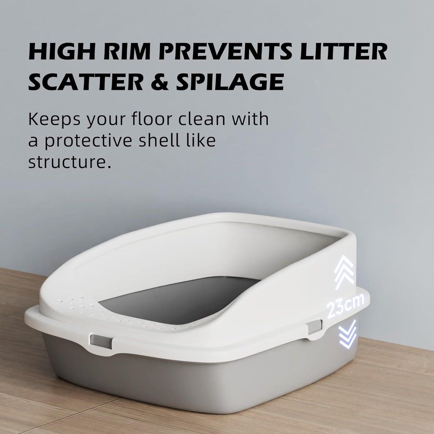 Cat Litter Tray Box, Litter Box, Plastic Cat Open Top Litter Tray with Free Scoop Kitten Detachable Rim Easy Cleaning,49 X 38 X 23Cm (Grey)