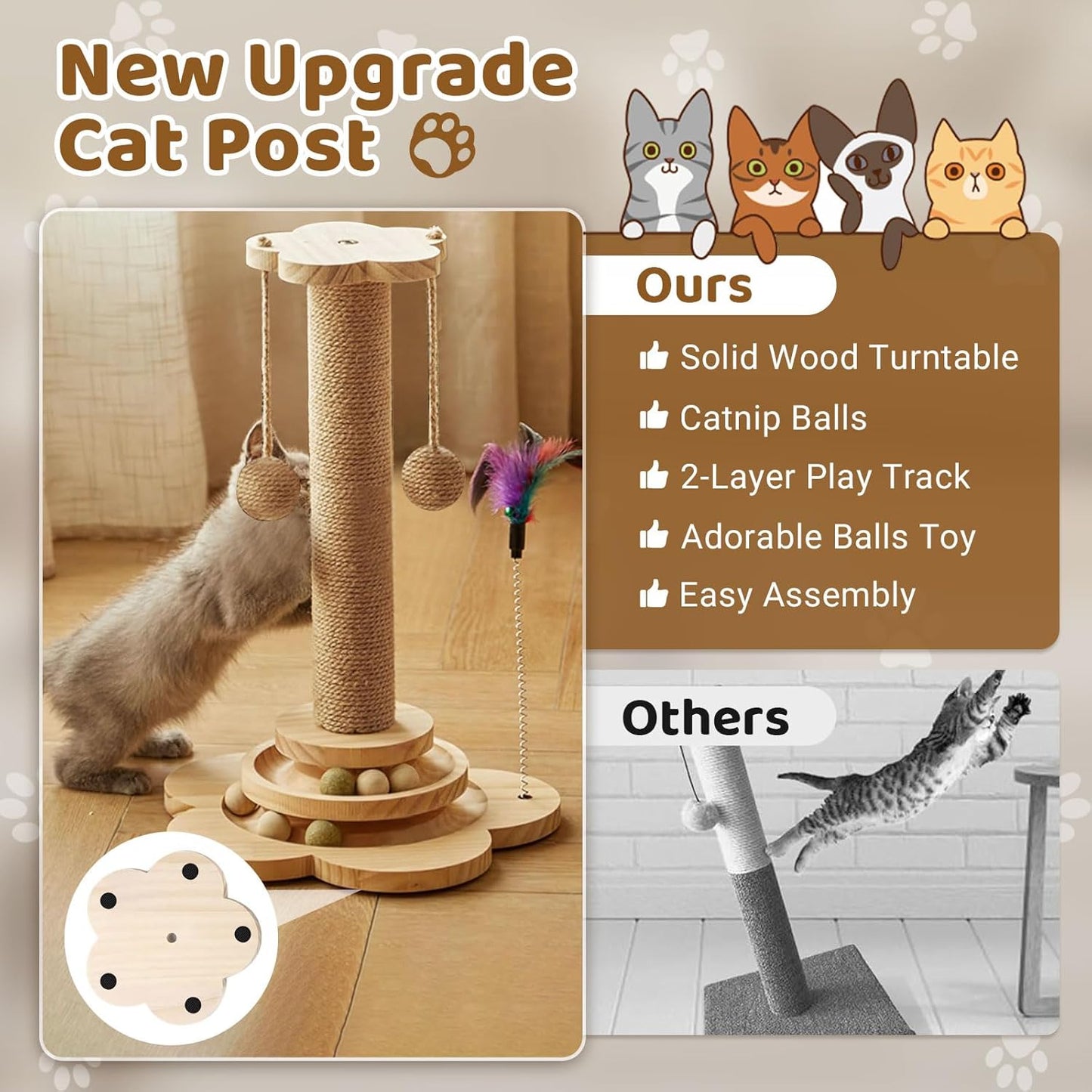 Cat Scratching Post with Natural Sisal - Sturdy Cat Scratcher for Indoor Smaller Cats, Kitten Toy with Scratching Posts, Play Platform & Toys, Easy Assembly, Space-Saving Design (45Cm Tall)