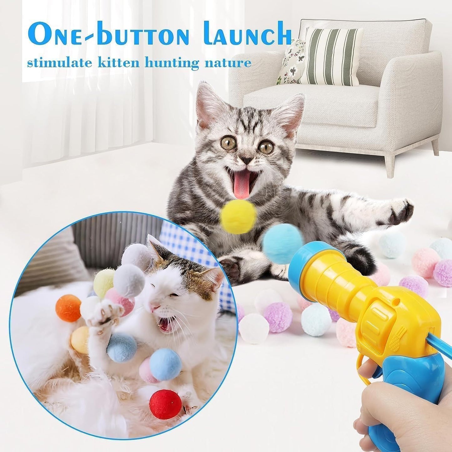 Interactive Cat Pom Pom Balls with Launcher - 50Pcs Cat Exercise Training Chasing Toys for Indoor Pets