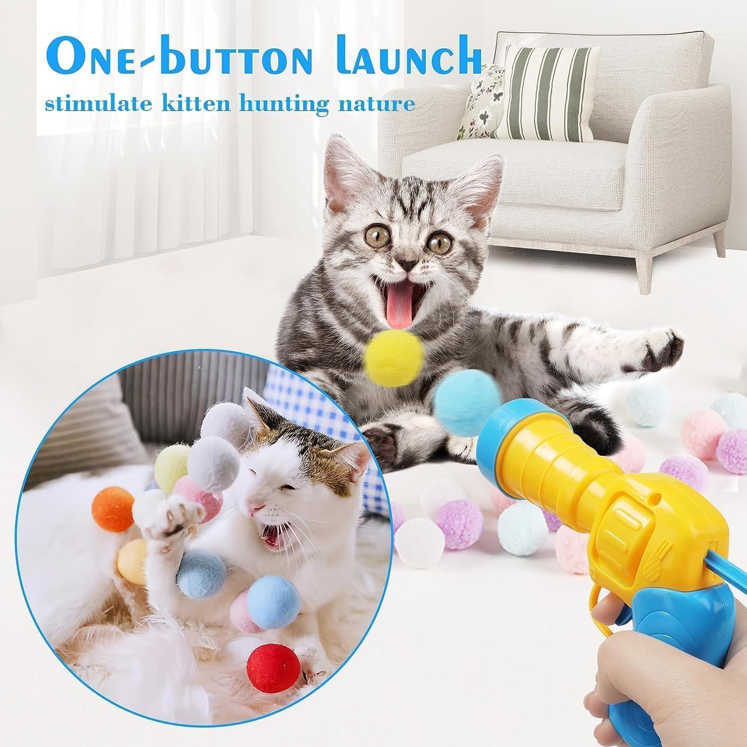 Interactive Cat Pom Pom Balls with Launcher - 50Pcs Cat Exercise Training Chasing Toys for Indoor Pets