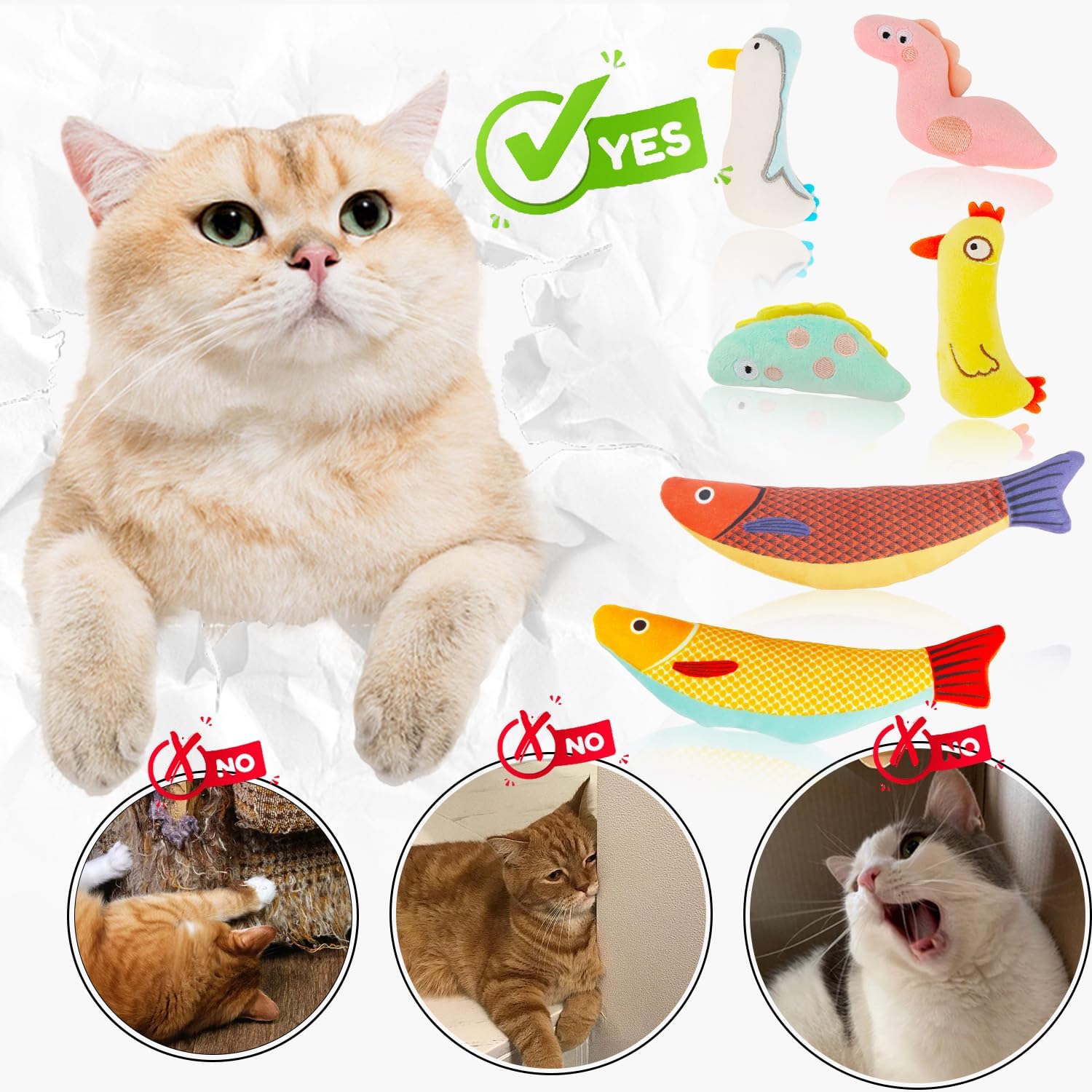 Cat Catnip Toys, 6 Pcs Cat Chew Toy, Interactive Soft Plush Fish Toy for Cats Adult Kitten Indoor
