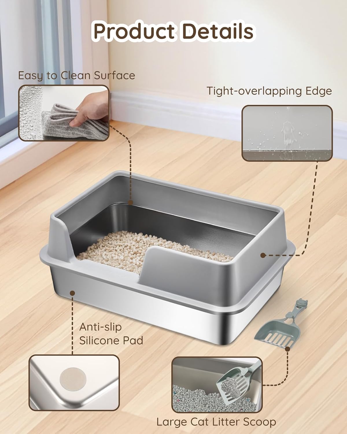 High Sided Stainless Steel Litter Box - Metal Cat Litter Tray with Splash-Proof Lid, Easy Cleaning & Odor-Less Kitten Litter Tray with Double Layer Litter Mat, Litter Scoop, Brush, 50X35X20Cm