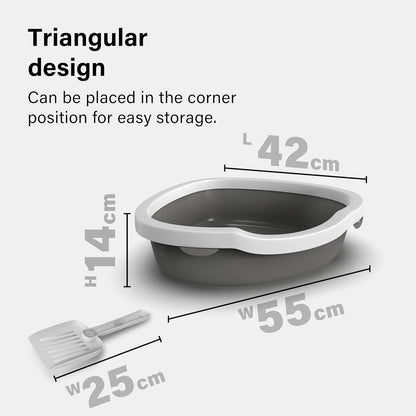 Corner Cat Litter Tray with Cleaning Scoop, High Sided Rounded Corners, Anti-Spillage & Mess-Free Cat Toilet (Dark Grey/White, 55X42.5X14)