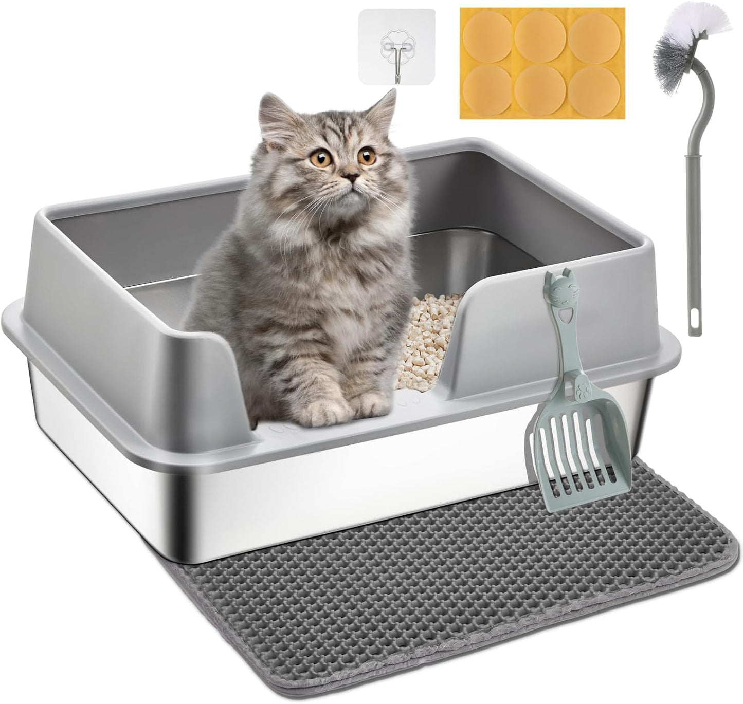 High Sided Stainless Steel Litter Box - Metal Cat Litter Tray with Splash-Proof Lid, Easy Cleaning & Odor-Less Kitten Litter Tray with Double Layer Litter Mat, Litter Scoop, Brush, 50X35X20Cm