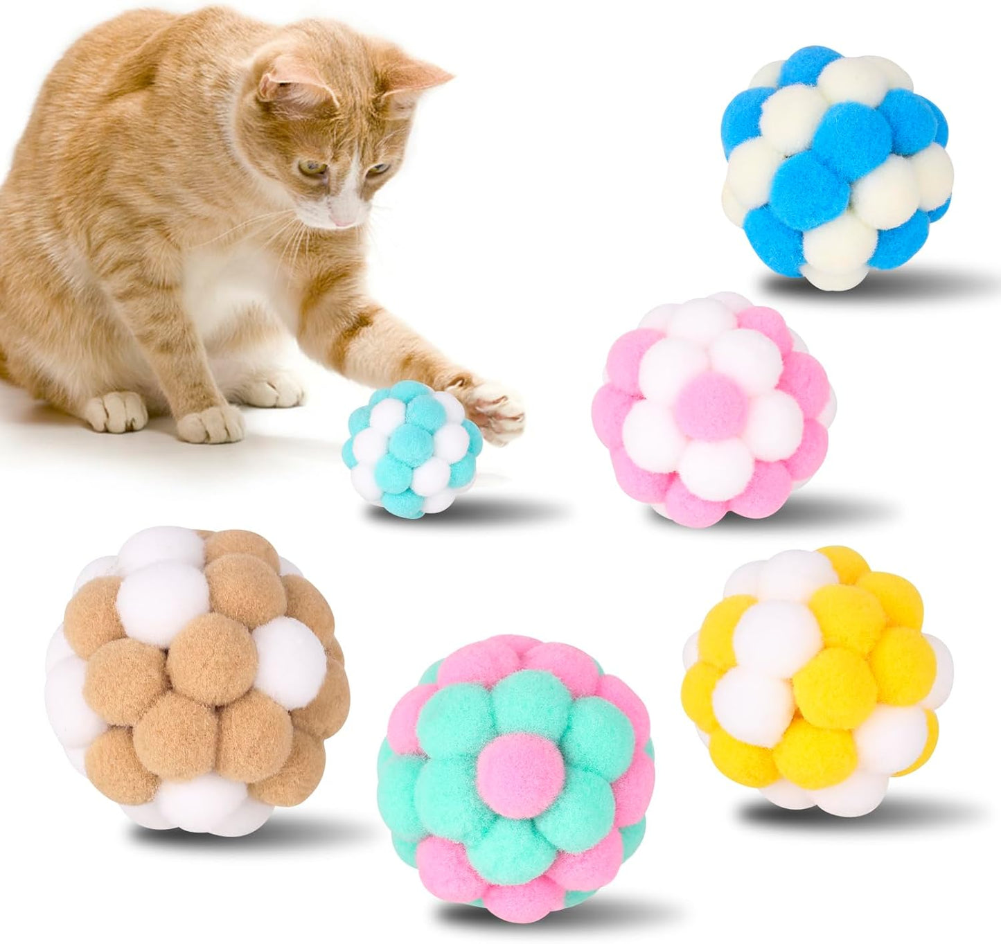 Cat Toys Balls 6 Pieces Colorful Cat Balls with Bells 5Cm Soft Cat Pom Poms Balls Cats Interactive Ball Toy for Cats Kitten Indoor Outdoor Playing Chewing Scratching