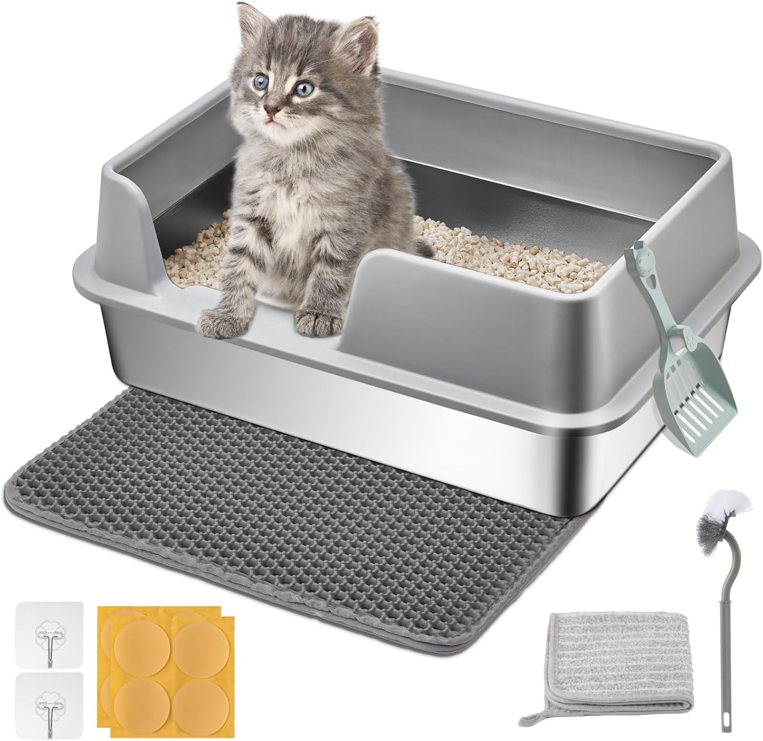 High Sided Stainless Steel Litter Box - Metal Cat Litter Tray with Splash-Proof Lid, Easy Cleaning & Odor-Less Kitten Litter Tray with Double Layer Litter Mat, Litter Scoop, Brush, 50X35X20Cm